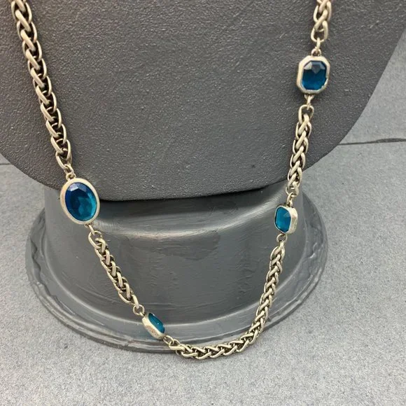 Chicos Long Necklace As Is Silver Chain Teal Blue Faceted Bezel Bead Retro BoHo - Picture 5 of 12